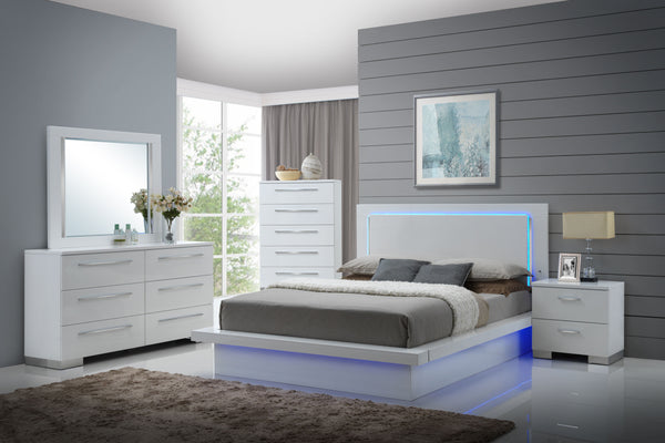 Transform your bedroom with the Sapphire Modern 5-Piece Bedroom Set in high gloss white. This set includes a lighted panel bed, dresser, mirror, chest, and nightstand, all crafted from high-quality manufactured wood for a flawless, smooth surface. The sle