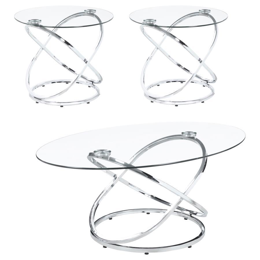 This striking coffee table set includes a cocktail table and two matching side tables, perfect for modern living spaces. Featuring clear tempered glass tops, these tables exude elegance and durability. The bases showcase polished chrome-finished metal in 