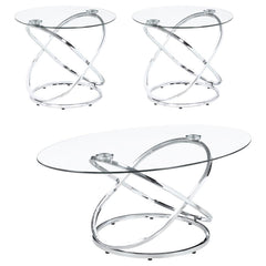 This striking coffee table set includes a cocktail table and two matching side tables, perfect for modern living spaces. Featuring clear tempered glass tops, these tables exude elegance and durability. The bases showcase polished chrome-finished metal in 
