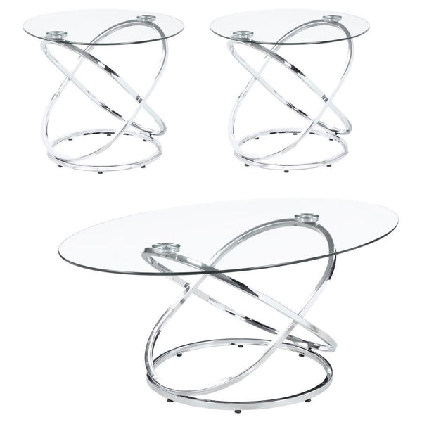 This striking coffee table set includes a cocktail table and two matching side tables, perfect for modern living spaces. Featuring clear tempered glass tops, these tables exude elegance and durability. The bases showcase polished chrome-finished metal in 