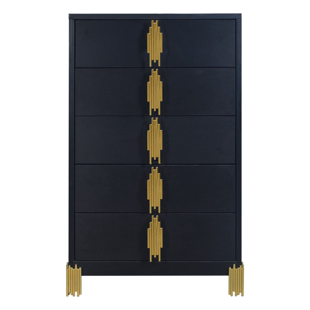 introducing the Empire 5 Drawer Chest in sleek black, a chic storage solution for your bedroom. Crafted with durable eco-friendly materials and a sophisticated finish, this chest exudes contemporary elegance. Its gleaming gold tiered drawer pulls and feet