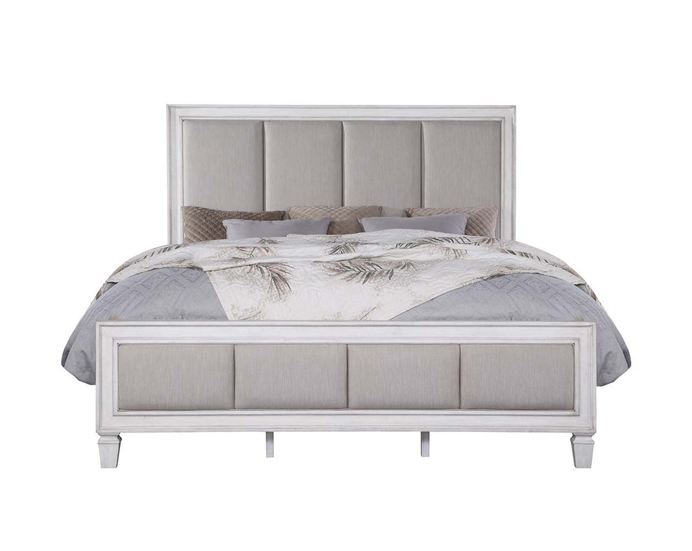 The Katia collection is perfect for creating a modern rustic or farmhouse aesthetic. Merging old and new design features and finishes. The bed features a channel-tufted headboard and footboard in gray linen that pops against the white frame. The case good