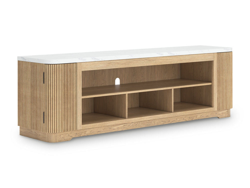Elegance meets earthy charm in this TV stand. Crafting a contemporary living room? The faux marble top expertly pairs with the reeded base for a trend-right take on day-to-day function. Open shelving and subtly integrated storage cabinets make it easy to 