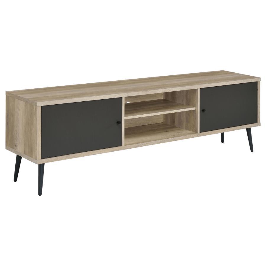 Organize an entertainment space with your stylish taste for Mid-Century Modern style. This TV stand is a sleek mix of old and new with a retro design and neutral palette. Antique pine finish wood products form a rectangular base with two open center compa