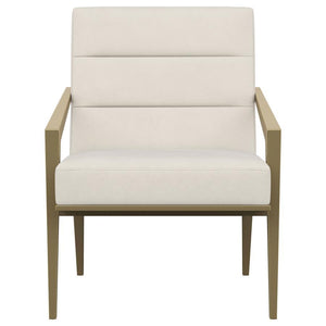  it boasts an upholstered seat and back with a metal frame and arms. The streamlined look receives a gleaming gold finish