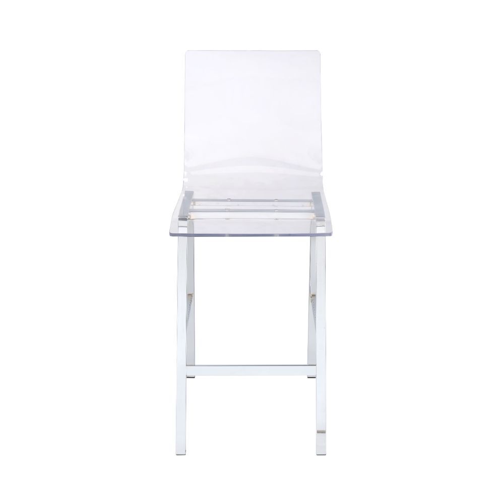 The Nadie counter height chairs feature bent acrylic seats and back support, formed to be comfortable yet stylish. With a chrome finish metal frame and heavy duty acrylic seat, these artistic chairs are sturdily and dependably built. Matching with the sta