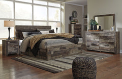 Rustic butcher block finish over replicated pine grain with authentic touch. Cases feature a framed front and pilasters. Bed features a thick and heavy design. Contemporary handles in an antiqued gunmetal finish. Side roller glides for smooth operating dr