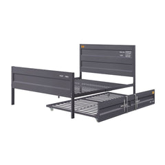 The Cargo youth bed is the perfect addition to any childâ€™s room. This contemporary container themed metal bed features a panel headboard with low profile footboard, crafted with an industrial look that is an perfect match for your bedroom. The bed is ac