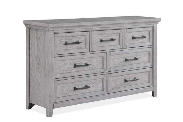 This bedroom suite offers a refreshing take on rustic charm, featuring a soft greige finish that highlights the natural wood grain. The sturdy bed stands as the centerpiece with its robust headboard and inviting design, while the accompanying pieces â€” a