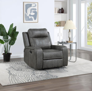  the recliner creates a dreamy venue for relaxing. The trending look of smooth grey leatherette upholstery with vertical topstitching delivers decorative elements and a dimensi