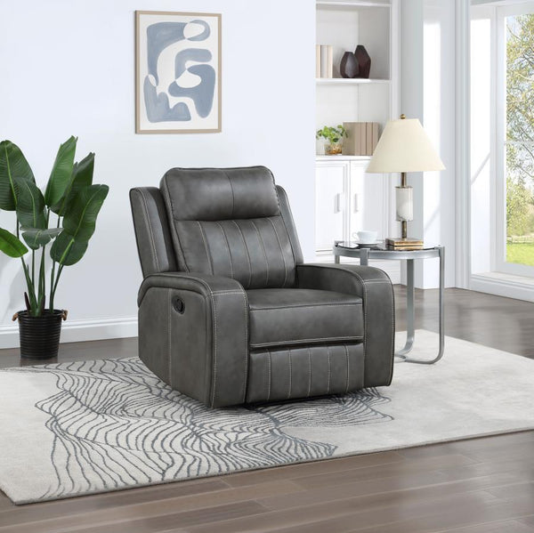  the recliner creates a dreamy venue for relaxing. The trending look of smooth grey leatherette upholstery with vertical topstitching delivers decorative elements and a dimensi