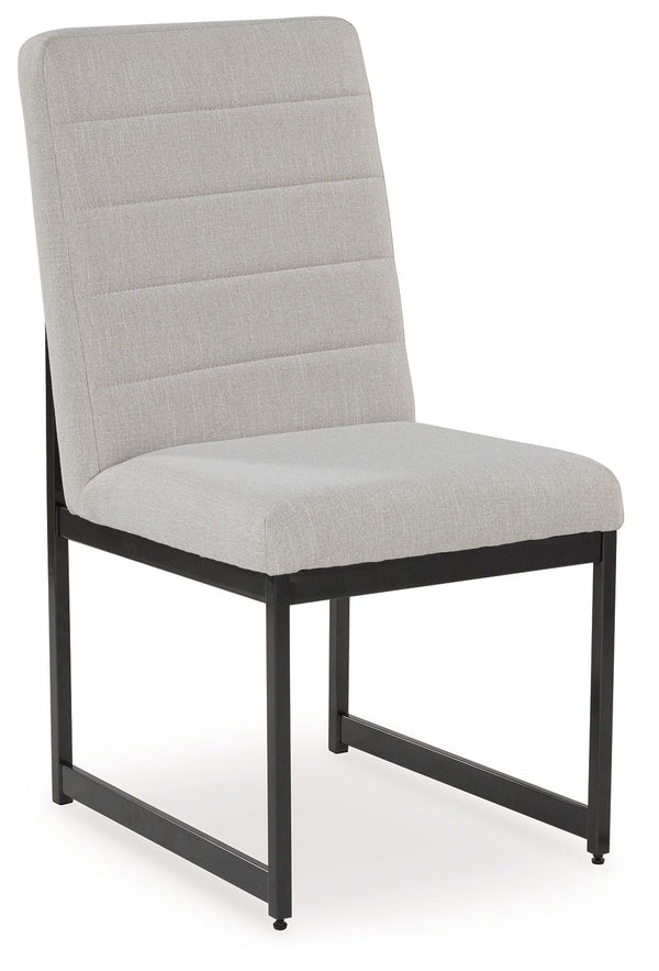 Sleek in its simplicity, this upholstered dining chair takes a relaxed approach to refinement. The mixed-material design brings a trendy urban-chic feel to dinner time. And with a cushioned seat upholstered in a light beige fabric, you stay comfortable as