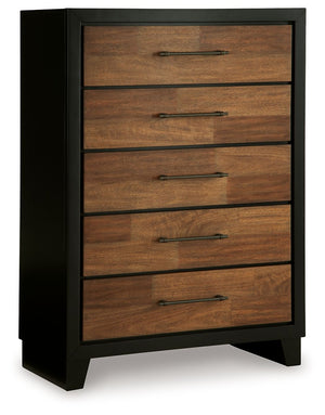 Experience the captivating allure of this chest of drawers, an effortless blend of casual and refined aesthetics. Its two-tone finish combines satin black with a rich brown wood tone for a modern, relaxed vibe that you-'ll love waking up to. Perfectly sui