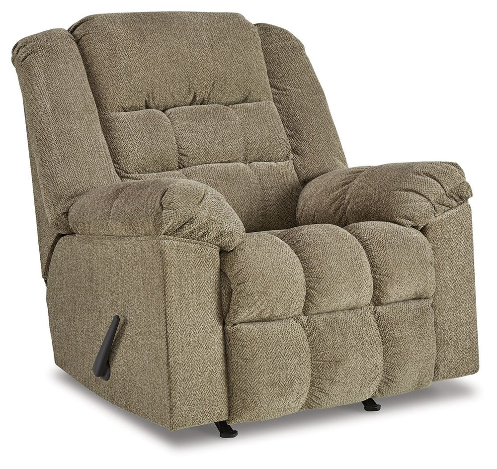 Prioritize comfort while still making a versatile style statement. Complementing a variety of color schemes, this rocker recliner-'s supremely plush seating lines you up for hours of leisure. Its one-pull reclining motion places you in optimal TV watching