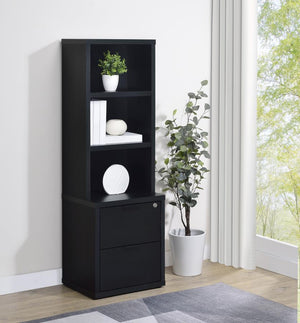  featuring a wood-inspired finish. Equipped with three open shelves and two drawers