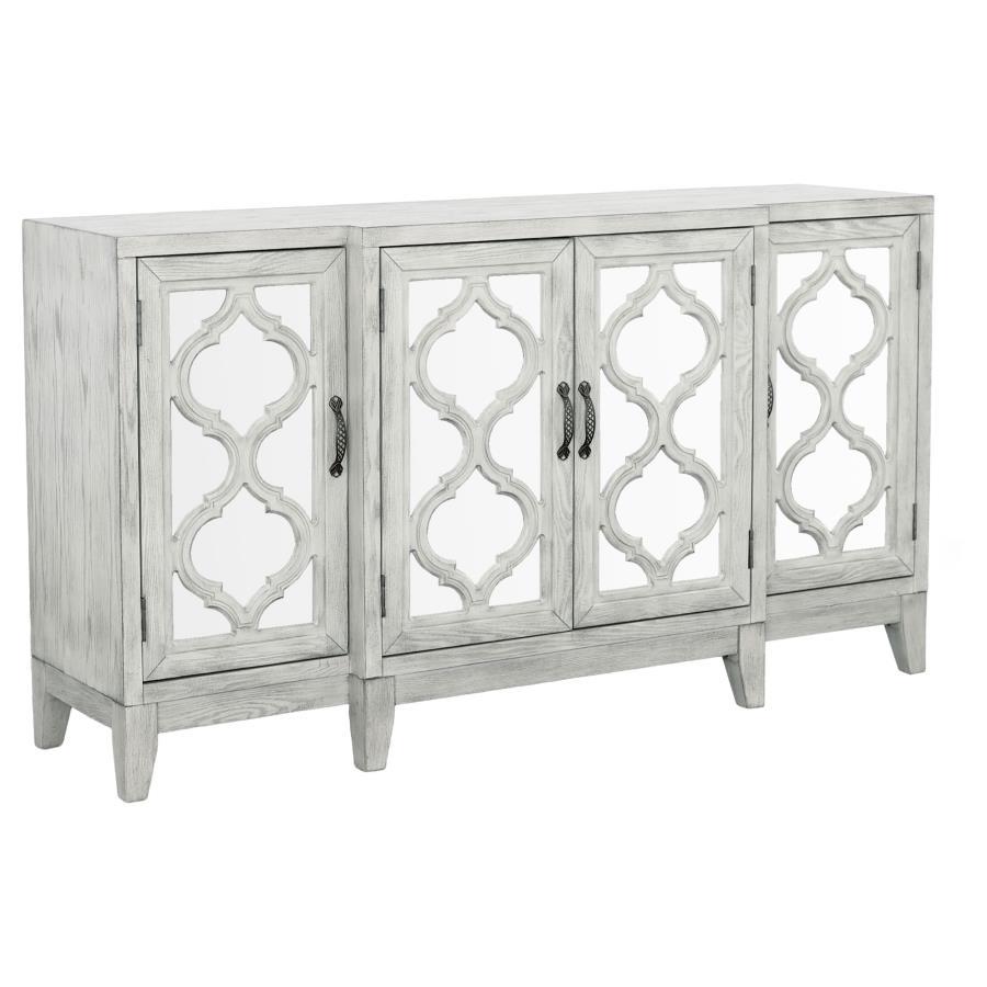Elevate your space with this elegant accent cabinet featuring mirrored door panels and intricate lattice overlay. The soft white finish and vintage bronze hardware lend a timeless charm, while the spacious interior shelving keeps your essentials neatly st