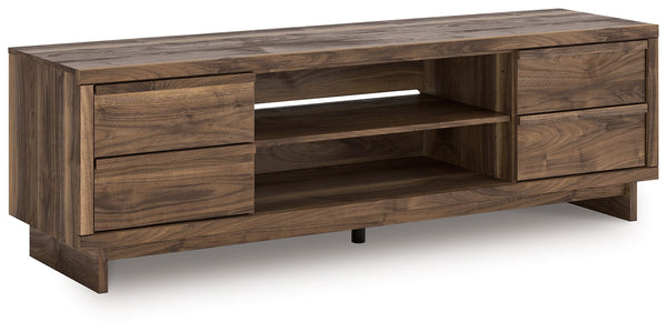 Nostalgic style, retooled for todayâ€™s trends. This TV stand puts an elevated twist on mod aesthetics. Its warm brown tones reflect the mid-century vibes you love, while the angular base incorporates contemporary motifs. Integrated drawer handles round o