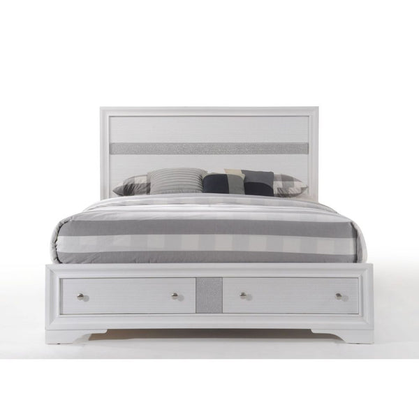  and storage footboard in bright white finish with contrasting light gray trim panel