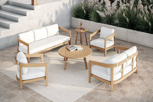 The Wesley 6-Piece Wood Patio Seating Set is a versatile outdoor furniture collection designed for lasting comfort and durability. This set includes a patio sofa, loveseat, two club chairs, a coffee table, and an end table, all crafted from FSC-certified 