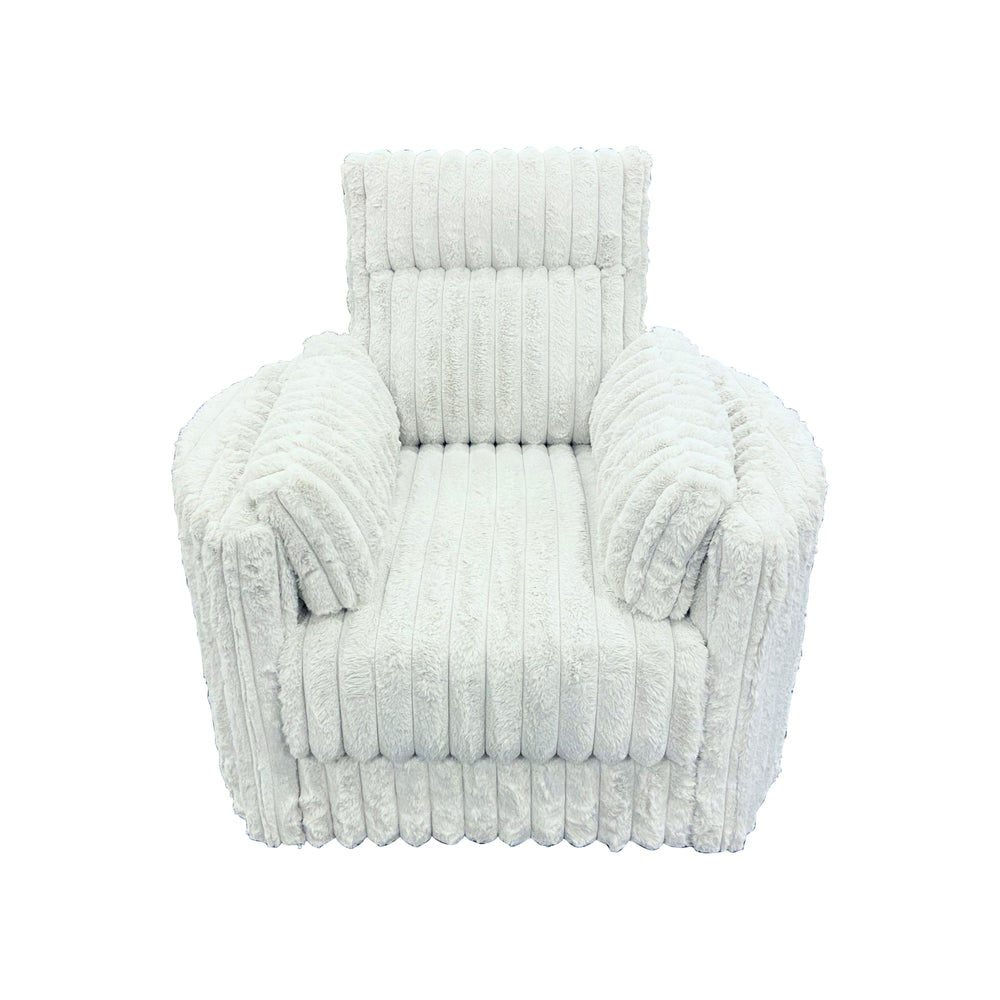 Meet the Embrace Swivel Chair in Cozy Fabric. Crafted with 100% Cream Polyester Fabric, its plush, blanket-like texture promises unparalleled comfort. The chair-'s rounded frame, complemented by two arm pillows, ensures a snug embrace, perfect for unwindi