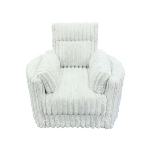 Meet the Embrace Swivel Chair in Cozy Fabric. Crafted with 100% Cream Polyester Fabric, its plush, blanket-like texture promises unparalleled comfort. The chair-'s rounded frame, complemented by two arm pillows, ensures a snug embrace, perfect for unwindi