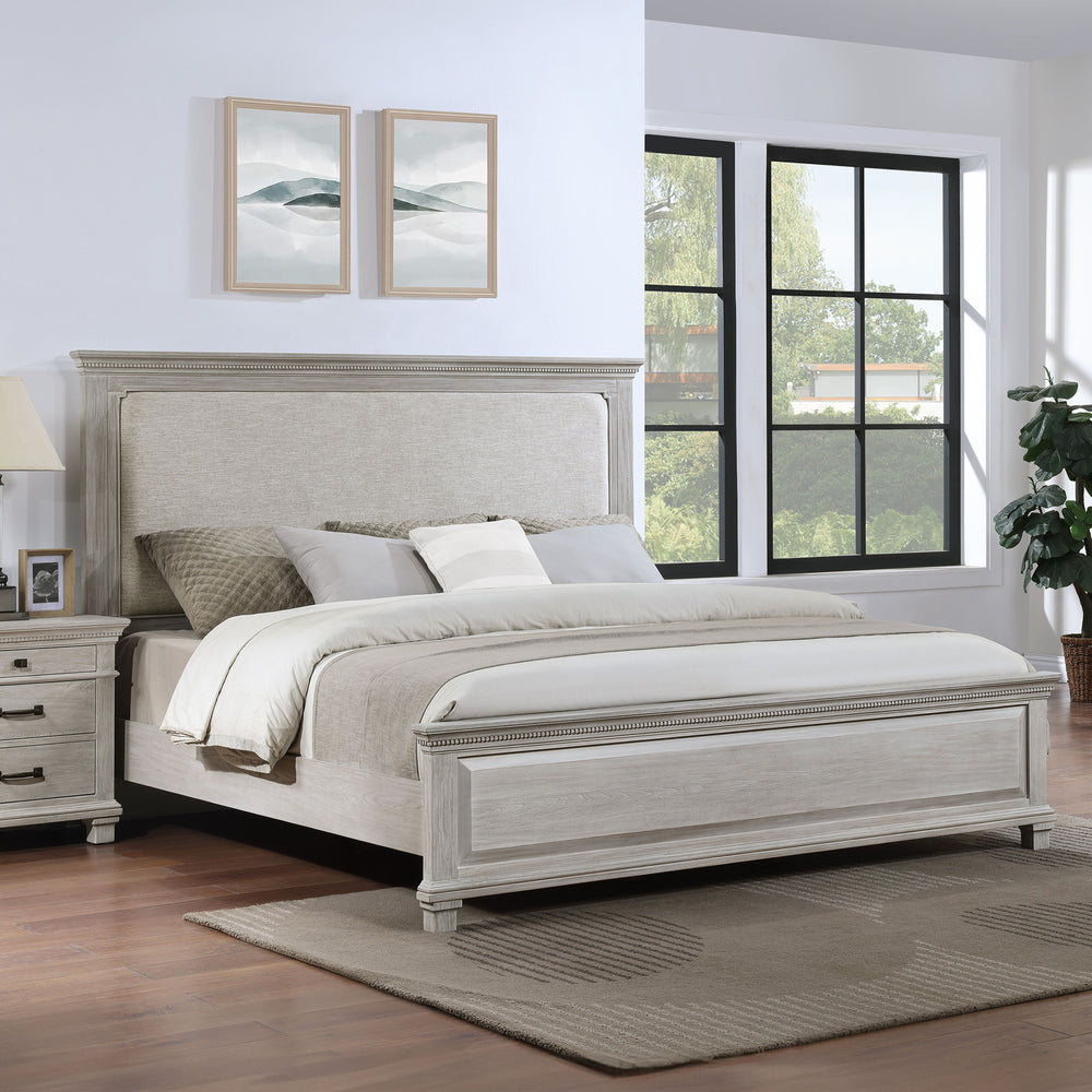 The Silver Sands Upholstered Panel Bed in Gray is a perfect blend of durability and style, making it a standout choice for any bedroom. Constructed from solid pine, manufactured woods, and oak wood veneers, this bed offers a robust and stable foundation. 