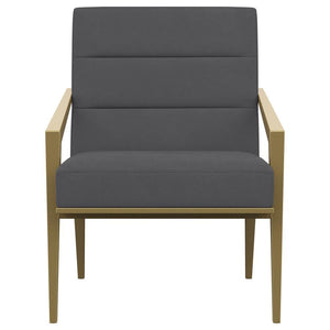  it boasts an upholstered seat and back with a metal frame and arms. The streamlined look receives a gleaming gold finish
