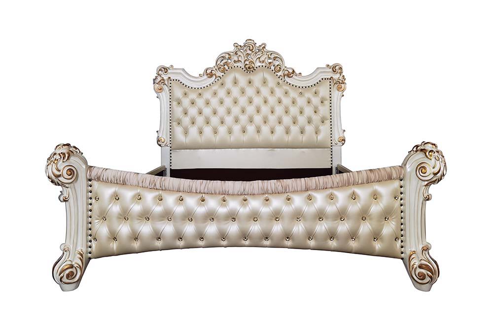 Dream happily-ever-after in a fairy-tale-inspired bed you have aspired to own all your life. This Vendom PU upholstered bed glints stylishly with its crystal-like button tufting and nailhead trim, elegant hand-brushed gold is paired with an antique pearl.