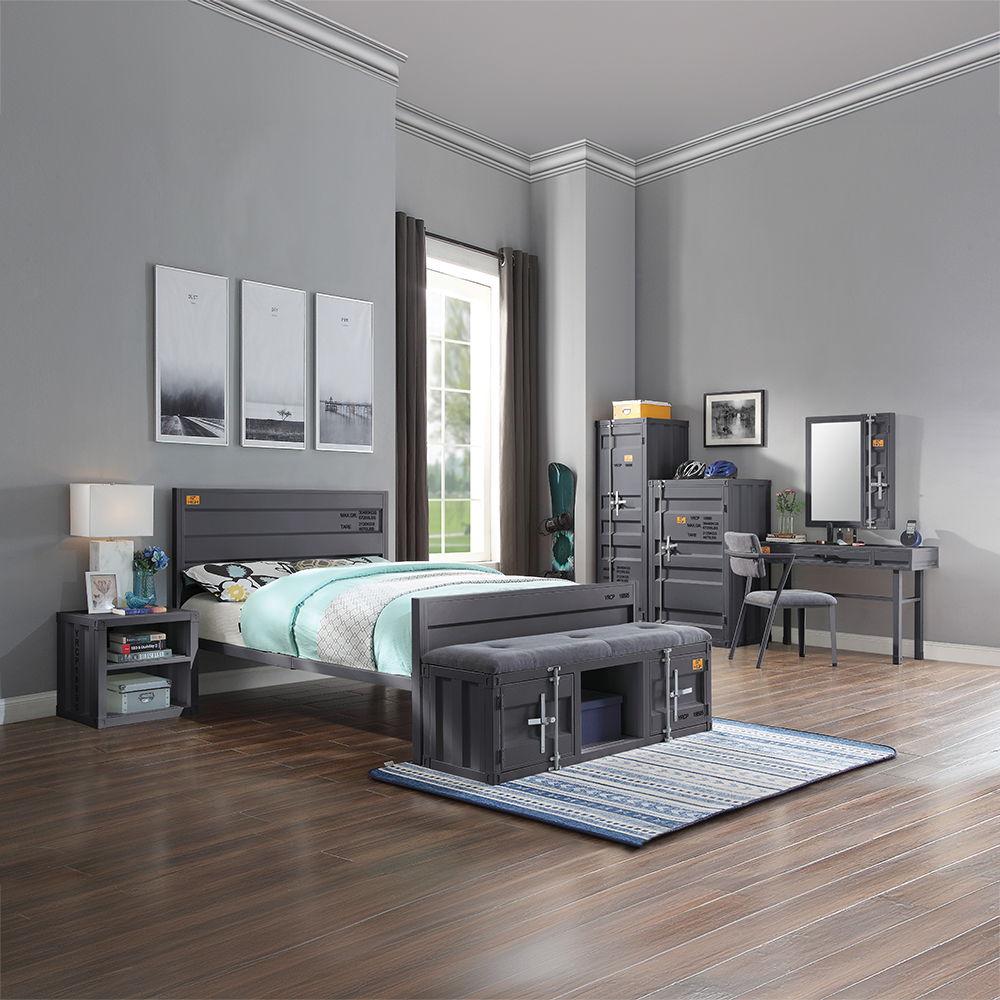 KD, Rectangular Vanity Desk Storage: 1 Drawer Feature: Metal Frame, Recessed Panels (Cargo Container Panels) CONSTRUCTION Metal Top: Iron Plate (40 x 40mm), Drawer w/Wood Metal Straight Legs Drawer: GLIDE Side Metal (Ball Bearing, 3/4 Ext.), DOVETAIL NOT 