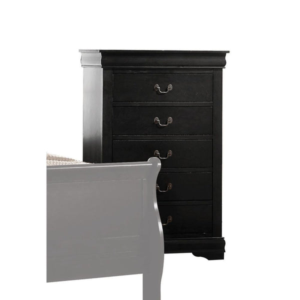 The Louis Philippe Chest in black finish is equipped with brushed nickel metal hardware that lends antique elegance. Store bedding, clothing, and more in the five roomy drawers. Choose from available finish options to best coordinate with existing bedroom