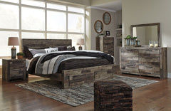 Rustic butcher block finish over replicated pine grain with authentic touch. Cases feature a framed front and pilasters. Bed features a thick and heavy design. Contemporary handles in an antiqued gunmetal finish. Side roller glides for smooth operating dr