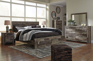 Rustic butcher block finish over replicated pine grain with authentic touch. Cases feature a framed front and pilasters. Bed features a thick and heavy design. Contemporary handles in an antiqued gunmetal finish. Side roller glides for smooth operating dr