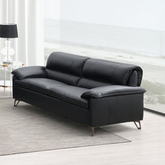 The Eilene sofa offers a luxurious blend of style and comfort with its black top grain leather upholstery. Full foam cushioning and a wooden inner frame provide robust support. Complemented by sleek aluminum legs, this sofa promises durability and modern 