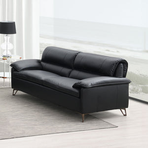 The Eilene sofa offers a luxurious blend of style and comfort with its black top grain leather upholstery. Full foam cushioning and a wooden inner frame provide robust support. Complemented by sleek aluminum legs, this sofa promises durability and modern 