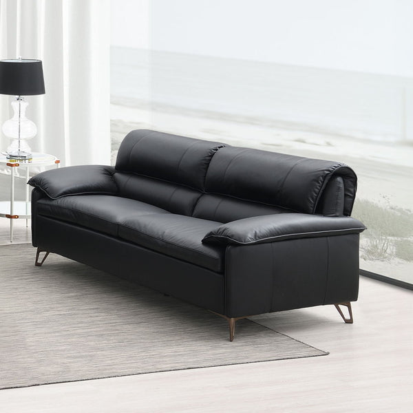 The Eilene sofa offers a luxurious blend of style and comfort with its black top grain leather upholstery. Full foam cushioning and a wooden inner frame provide robust support. Complemented by sleek aluminum legs, this sofa promises durability and modern 