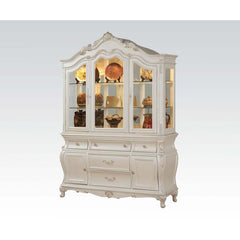 Hutch & Buffet Arched Hutch: Touch Light & 2 Glass Doors, LF/RF (2 Shelves: 8mm Clear Glass Not Tempered, Side/Door Glass: 5mm Clear, Back Mirror Inside) Buffet: 5 Drw & 2 Wooden Doors, Curved Case Raised Scrolled Trim, Crown Motif Drawer: GLIDE Side Meta