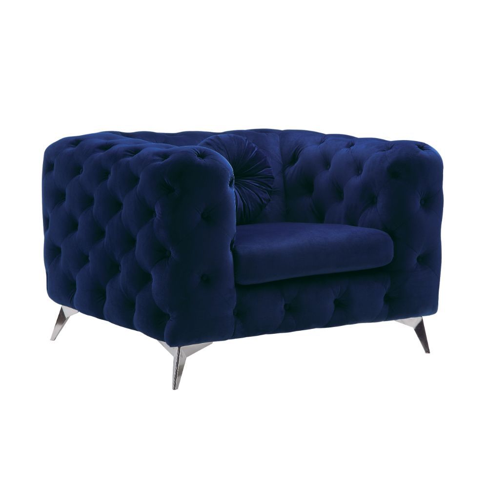 Elegant and eye-catching, the beautiful Atronia chair is the perfect addition to any space. Chic button tuft design with bright blue cover, strength, and beauty guaranteed with sturdy wood frame and chrome legs. This chair is bound to be the conversation 