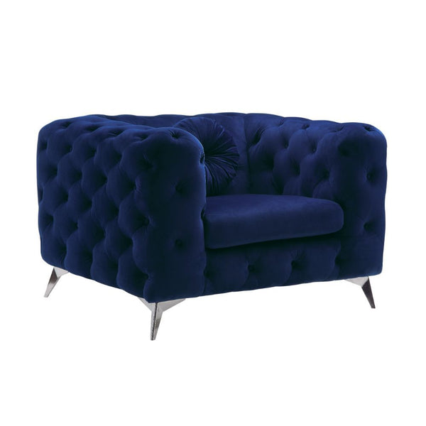 Elegant and eye-catching, the beautiful Atronia chair is the perfect addition to any space. Chic button tuft design with bright blue cover, strength, and beauty guaranteed with sturdy wood frame and chrome legs. This chair is bound to be the conversation 