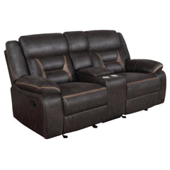 Every entertainment area deserves this glider loveseat with console. The neutral color palette makes it easy to blend with your decor. Its leatherette upholstery ensures a comfortable seating experience. A center console offers a small storage area for re