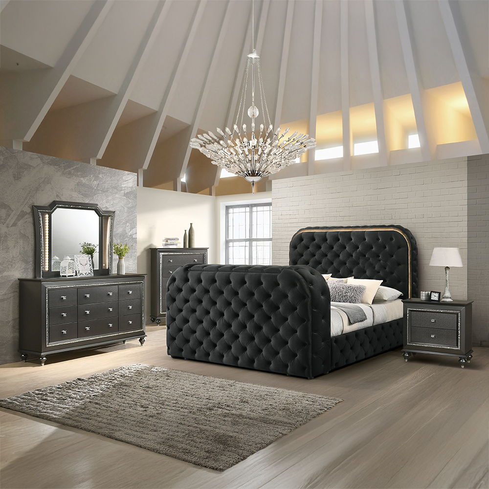 The Kaitlyn dresser provides a commanding presence in any room. Crafted with a transitional look that is an ideal addition to any bedroom, the dresser is accented with textured front and a crystal-like sparkling trim. Its crystal-like trimming creates daz