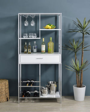  perfect for hosting guests in your contemporary setting. This wine cabinet features a minimalist and linear design with four open shelves