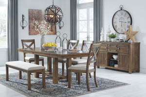 Made with Rubberwood solids and Acacia veneers. Casual rustic design with planked effect on table top. Table extends to fit 8 with two end leaves. Alternate seating available with the cushioned bench. Matching server offers plenty of storage options. Coll