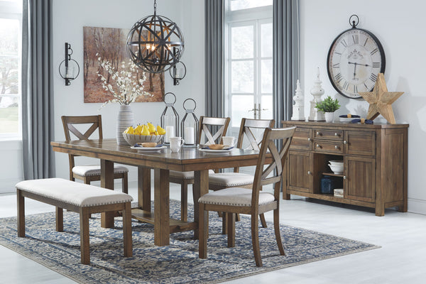 Made with Rubberwood solids and Acacia veneers. Casual rustic design with planked effect on table top. Table extends to fit 8 with two end leaves. Alternate seating available with the cushioned bench. Matching server offers plenty of storage options. Coll