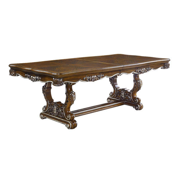 Traditional design with modern accents, the Latisha pedestal dining table is the perfect merging of contemporary and classic. The antique oak finish with the hand-brushed silver trim accentuates the elaborate floral moldings that are showcased throughout 