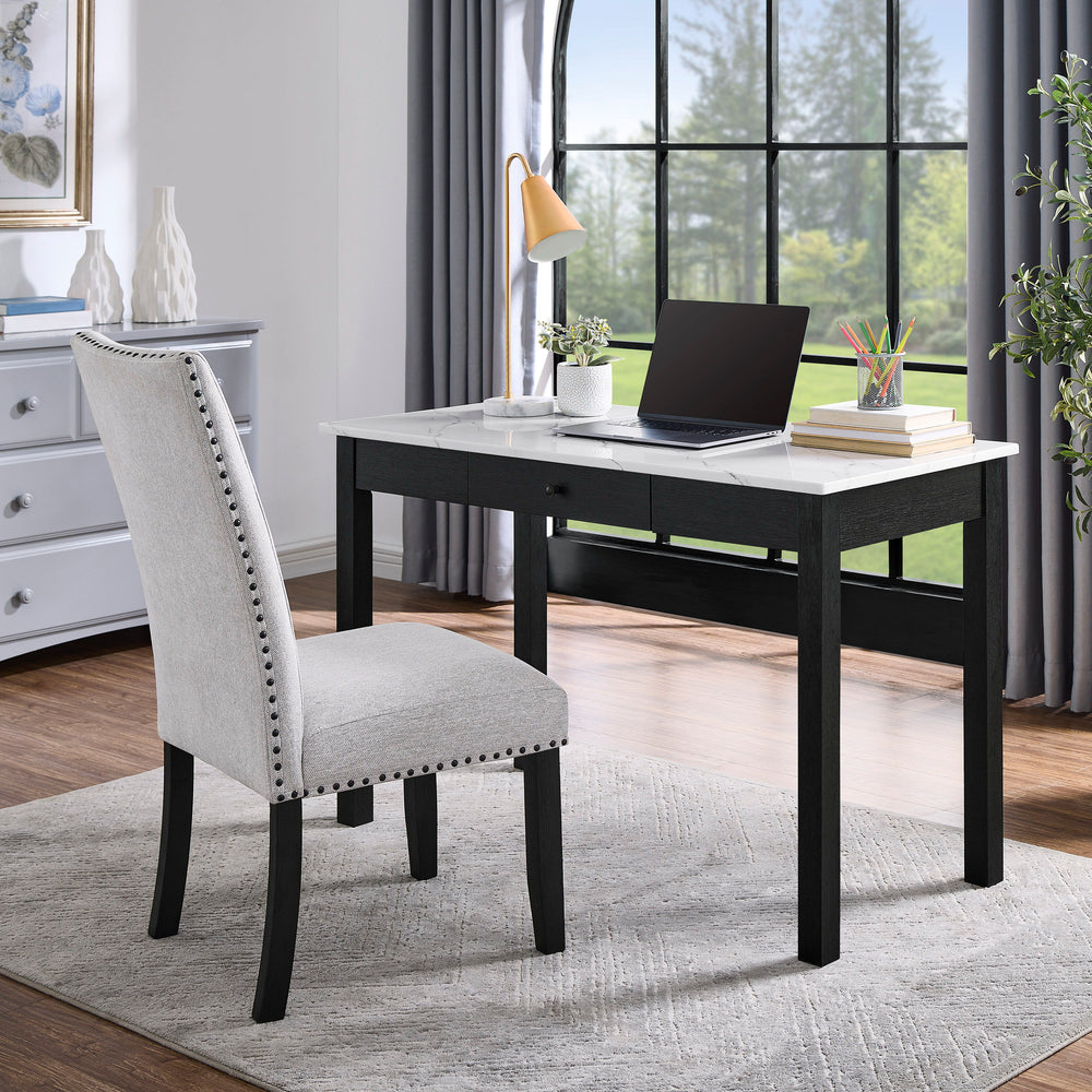 Upgrade your workspace with this sleek and sophisticated desk, designed to bring both style and functionality to your home or office. Featuring a stunning faux-marble top, it adds a touch of modern elegance while providing a durable and easy-to-clean surf