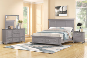 The Jamestown 4-Piece Wood Bedroom Set in Gray combines style, durability, and functionality, making it an excellent choice for creating a sophisticated and organized bedroom space. This set includes a Panel Bed with a storage footboard, Dresser, Mirror, 