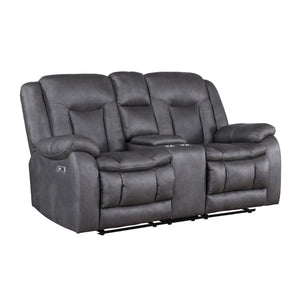 The Morello Power Recliner Console Loveseat in gray is an ideal choice for enhancing your living space with both style and comfort. This power console loveseat is upholstered in sumptuously soft 100% polyester fabric in a gray color, mimicking the luxurio