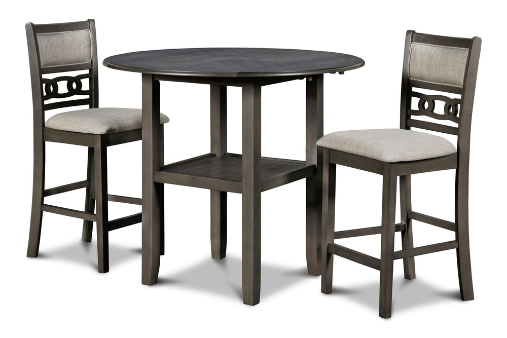 The small space friendly Gia Counter Drop Leaf Table and Chair Set has two 8" drop down leaves that transform this dining table from a 42" round dining set to 24" wide, fitting into compact spaces with ease. The counter table and chair legs are crafted of