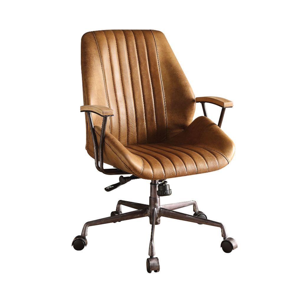 Add an edgy industrial style to your home office with the Hamilton office chair. This swivel and adjustable chair has a coffee colored top grain leather upholstery with cushioned long stitched stripes on the seat and back. The five-star base with casters 