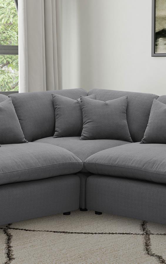  designed to create a seamless transition between seating pieces. Upholstered in a sophisticated charcoal grey performance fabric